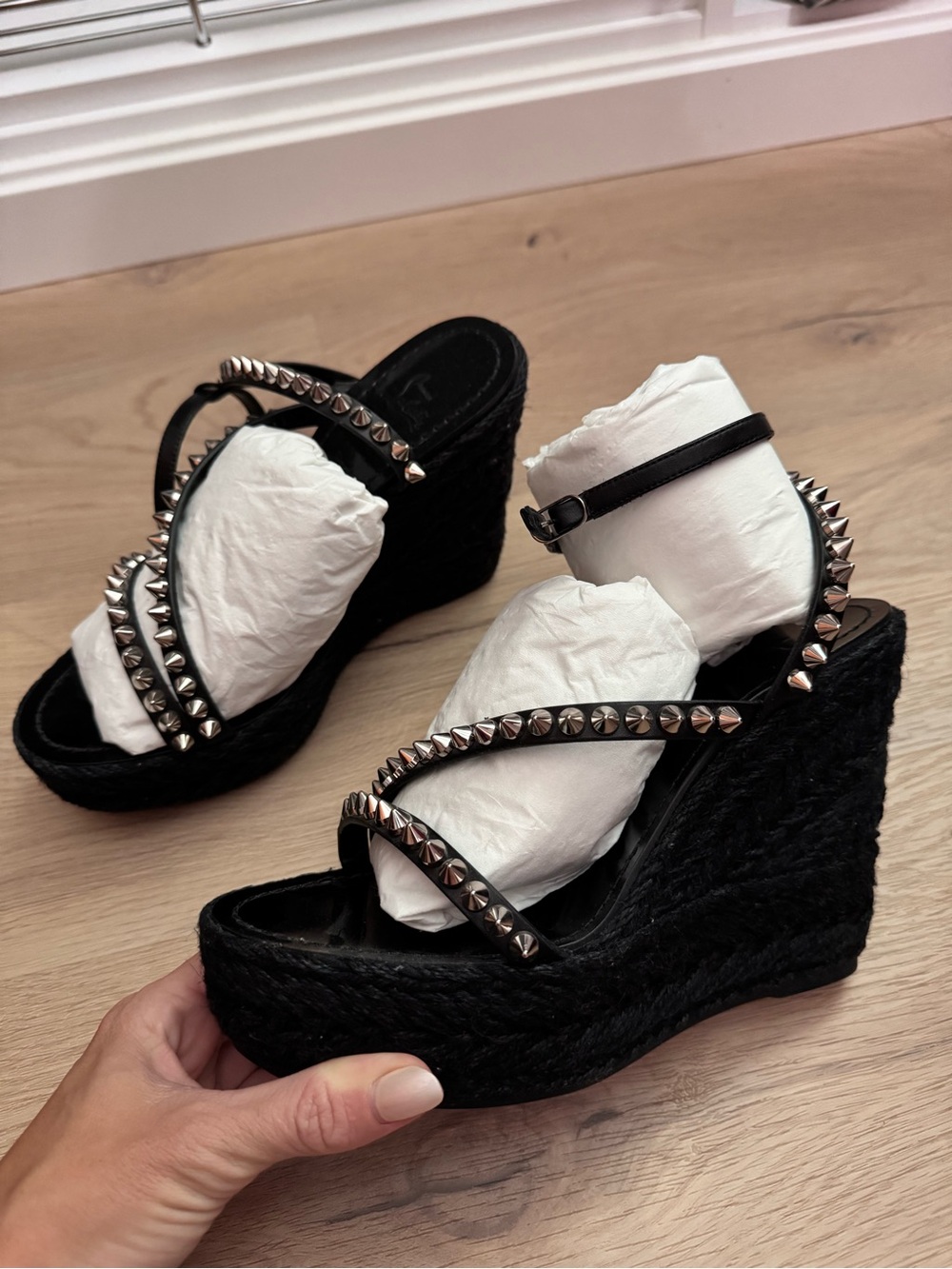Christian Louboutin Black Studded Espadrille Wedge Sandals